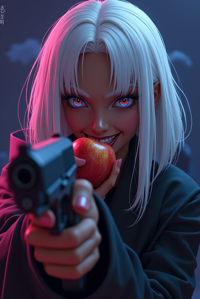 Black girl with white hair, white eyebrow, white eyelashes, brown skin tone, with a malicious smile eating an apple with one hand pointing a gun at the camera with the other hand, a night with lighting tones pulled towards purple and a bit of blue, art style: アニメ