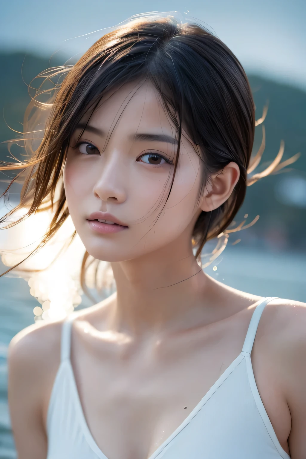 (masutepiece:1.3), (8K, Photorealistic, Raw photo, Best Quality: 1.4), Japanese, (1girl in), Beautiful face, (Realistic face), (Black hair), Beautiful hairstyle, Realistic eyes, Beautiful detailed eyes, (Realistic skin), Beautiful skin, Attractive, 超A high resolution, A hyper-realistic, Highly detailed, Golden ratio,School uniform. (3 Gills:1.5), (Sony Alpha 1, 50.1 megapixel full-frame CMOS sensor, 8K video recording function), (telephoto lens), (Realistic),(8K, 超A high resolution, Best Quality, masutepiece:1.2),Ultra-detailed,beautifull detailed face, FULL ANATOMY,(Beautiful detailed eyes:1.3),Smile,extremely delicate and beautiful, Extremely detailed, nffsw, Unity, 8K Wallpaper, amazing, finely detail, Ultra-detailed, High resolution, Extremely detailed, extremely detailed eye and face,Wet, ((Luxury Hotels:1.1)),((Colorful micro bikini:1.1)), [Ponytail],(huge-breasted, cleavage:1.3),