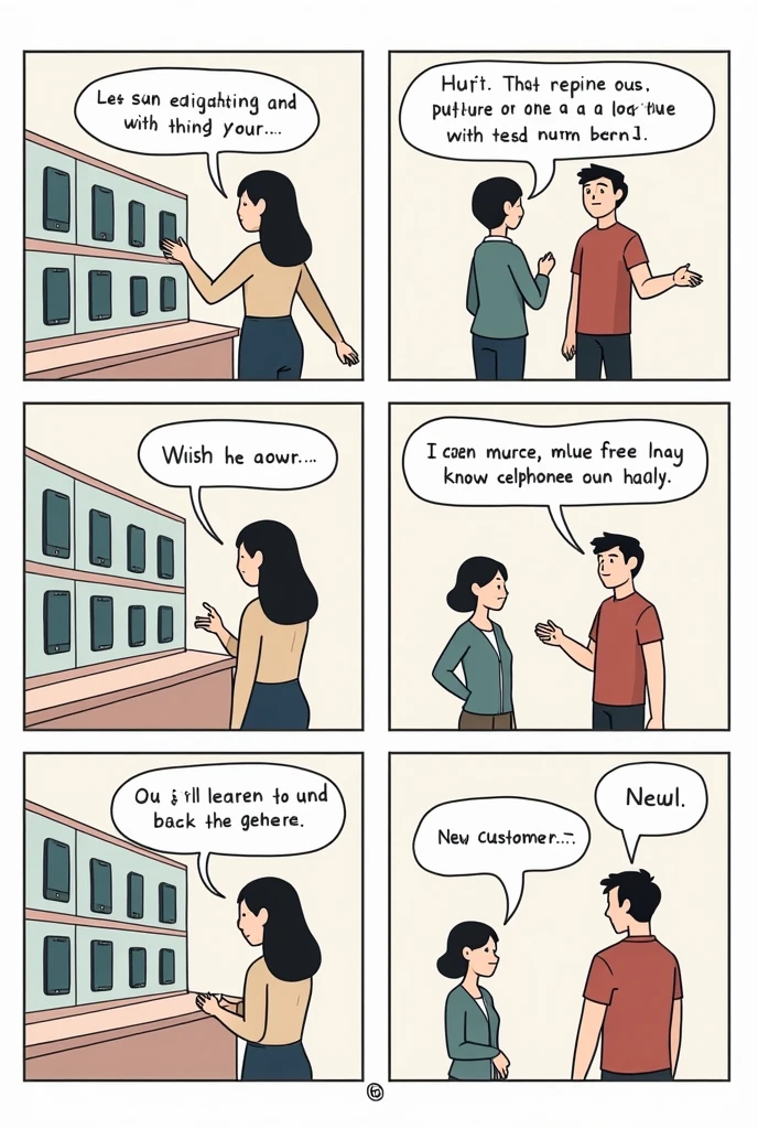 easy drawing , draw 6 frames in comic in one show
Frame 1 ( draw)
A customer looking at two similar celphone on the different shelf and each priced differently.
*Customer Thought Bubble:* "Which one is worth my money?"
Frame 2 ( draw)
A salesperson approaches and begins to explain the unique features and benefits of one product.
*Salesperson:* "This one offers extended warranty, better durability, and free customer support."
Frame 3 ( draw)
The customer compares the information they received.
*Customer Thought Bubble:* "I think this one gives me more value, even if it’s slightly more expensive."
Frame 4 ( draw)
The customer happily buys the product with added value.
*Customer:* "I’m so glad I chose this one! The extra benefits make it worth the price."
Frame 5 ( draw)
The customer uses the product and shares their experience with friends.
*Customer:* "The warranty saved me when it broke! Great value for my money."
Frame 6 (draw)
* A new customer hears the positive feedback and considers the product.
*New Customer Thought Bubble:* "Seems like a good value. I'll buy it too!"