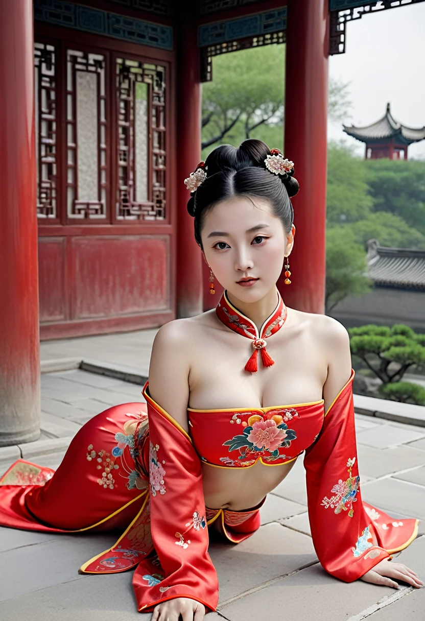 Full-body figure seen from the front
Qing dynasty empress on all fours outside the Qing dynasty Chinese palace wearing Manchu clothing with red garish floral pattern Manchu clothing open in front Manchu crotch showing dewy path from Manchu
Chest and breasts bare and dewy.
The head is adorned with large flowers and her hair is tied up and pulled back.
Erotic woman's
Her breasts and stomach are bare and exposed,
Her hair is tied up in a knot in the front, her hair is tied and pulled up, and she is not wearing panties, her cunt hair is showing from the front