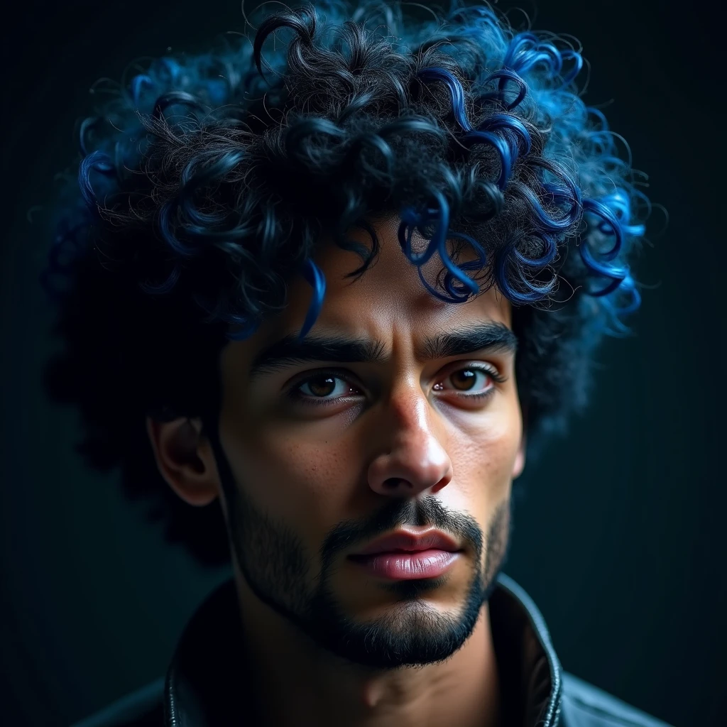 a man with curly (black hair with blue highlights), intricate hairstyle, detailed facial features, striking expression, cinematic lighting, dramatic shadows, vibrant colors, digital art, photorealistic, 8k, highly detailed, masterpiece
