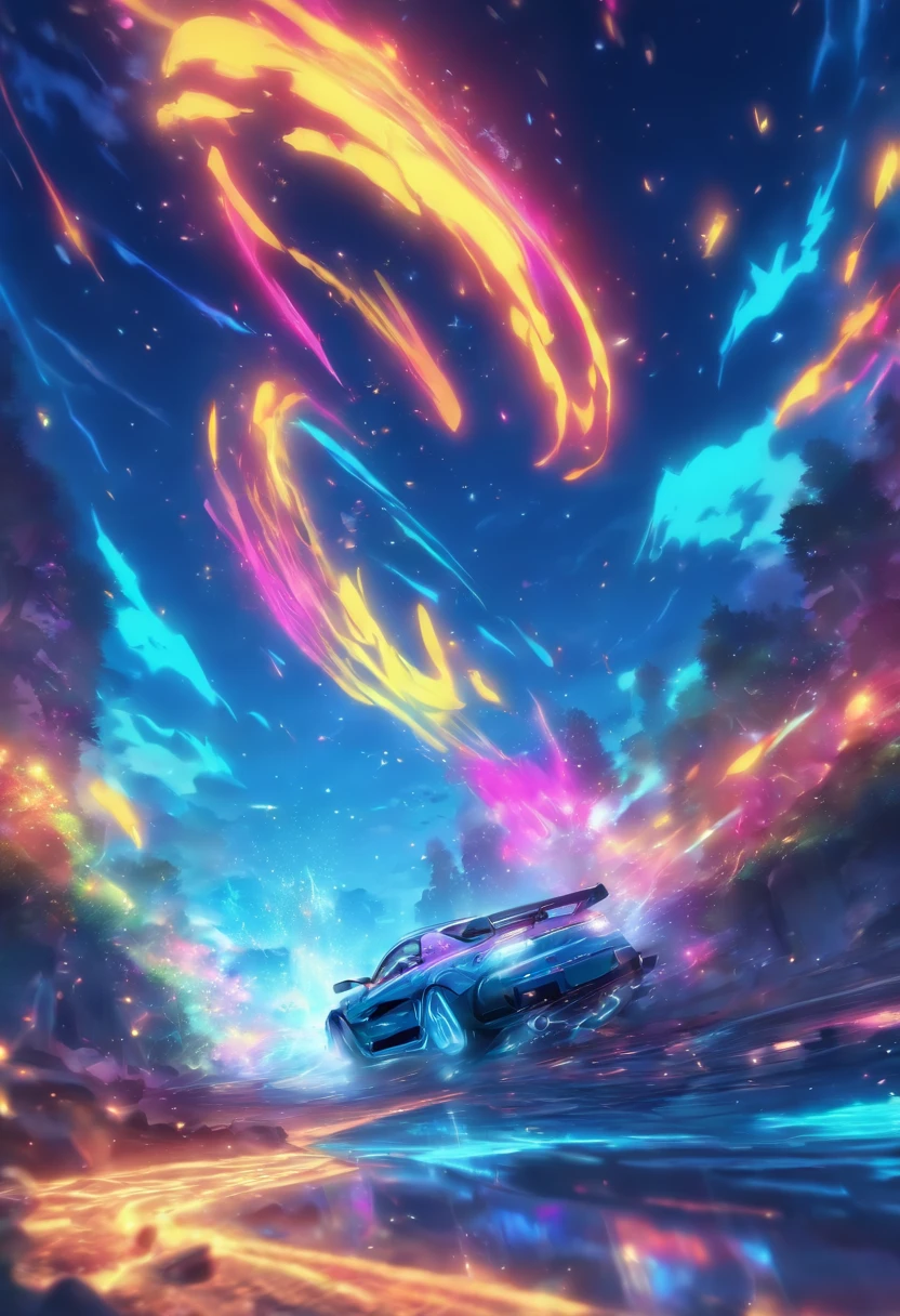Late Night、descending a mountain pass、Sharp curve、inertia drift、Driver's Perspective、Yellow RX7、competition、Highest quality、Cornering with inertial drift、2台の車がドリフトでカーブを曲がって行く、