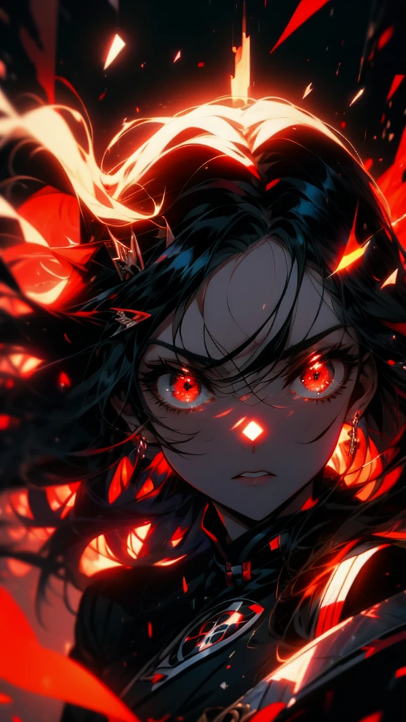 An anime girl with long black hair and red eyes in a black and white photograph., portrait Gap Moe Yandere Grimdark, Burning, nezuko-chan, Created by Anime Painter Studio, inspired Burning, Detailed portrait of an anime character, Anime style portrait, nezuko, Gap Moe Yandere Grimdark, Anime Portrait, Anime-style artwork