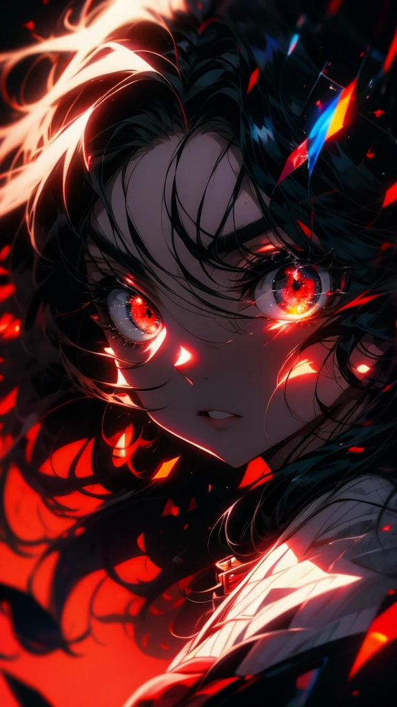 An anime girl with long black hair and red eyes in a black and white photograph., portrait Gap Moe Yandere Grimdark, Burning, nezuko-chan, Created by Anime Painter Studio, inspired Burning, Detailed portrait of an anime character, Anime style portrait, nezuko, Gap Moe Yandere Grimdark, Anime Portrait, Anime-style artwork