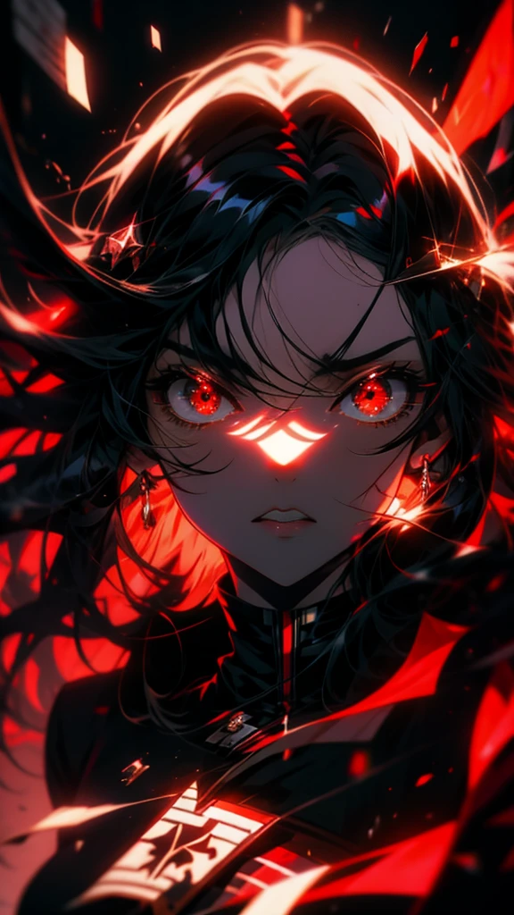 An anime girl with long black hair and red eyes in a black and white photograph., portrait Gap Moe Yandere Grimdark, Burning, nezuko-chan, Created by Anime Painter Studio, inspired Burning, Detailed portrait of an anime character, Anime style portrait, nezuko, Gap Moe Yandere Grimdark, Anime Portrait, Anime-style artwork