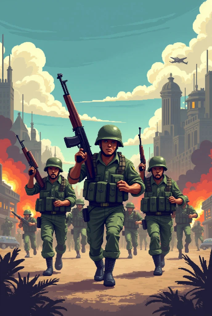 Make me an 8-bit style image of the Brazilian army armed running towards the enemy