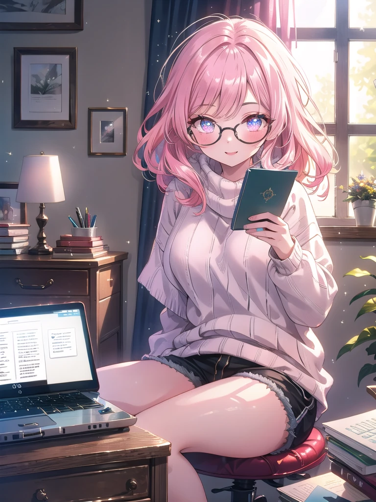 ((8k, Highest quality, masterpiece: 1.3)),Ultra-high resolution,(1 girl, alone), (Color changing eyes, Ultra-detailed, Expressive brilliance, Glitter, Glowing Eyes), Highly detailed eyes, Highly detailed face, Random Hair, ((pastel colour)),A cheerful young woman with pastel pink hair styled into loose waves, sitting at her desk in her sunlit bedroom during a bright morning. She is dressed in a cute yet subtly sexy writer cosplay, wearing an oversized sweater, a pair of knee-length shorts, and reading glasses perched on her nose. The camera captures her from a slightly elevated angle as she smiles warmly while typing on an old-fashioned typewriter, her expression full of creativity and focus. The room is filled with natural sunlight, with a few notebooks and pens scattered on the desk, a cozy blanket draped over the chair, and a warm, literary atmosphere,(nsfw:1.2)