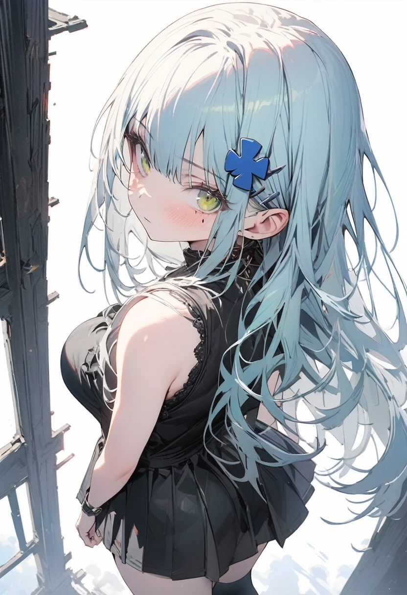 ((One person)),8k,Super detailed,(((High resolution))),straight hair,Large Breasts,(masterpiece),Very detailed,Simple Background,Juvenile,A sharp expression,White Background,Cool look,((hk416)) ,(Expressionless),((sky blue hair)),((Long Hair)),age Girls,Clear Eyes,(Green Eyes),Clear white skin,Great graphics,full body,mini skirt,standing,kneehighs,clear,Thighs,Beautiful feet,(NSFW),from behind, from above, (upper body:1.2), looking back, looking at viewer, looking up, (twisted torso:1.1),