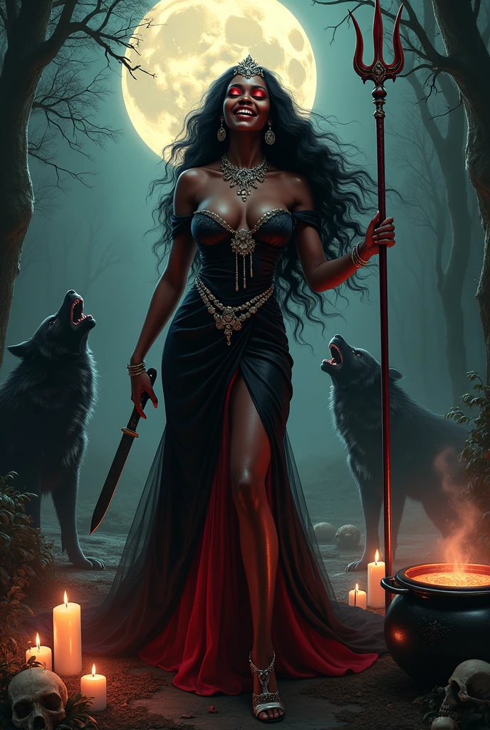 30 year old African Black woman, big chest,  evil witch,  smile, laughing, rose, evil,   with black skin, wind, long wavy black hair that curls down to the waist, full moon, forest or swamp, sexy sensual black and red dress, knife or knife hanging from the leg, Trident in hand, silver crown, many jewels, barefoot, many black wolves in the background,  veil covers face, Red eyes, red and red dress, necklaces, candles, calaveras, naked, wind, cauldron, blood