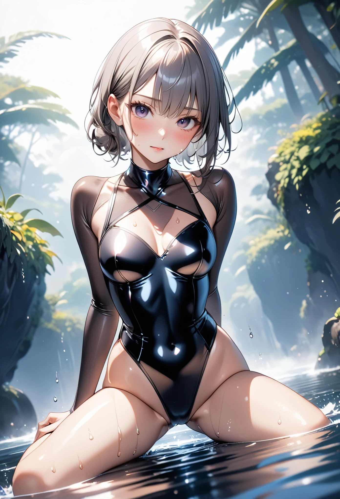 (((Mysterious Fog))), (((Swimming in the sea))), (()), ((Shiny Costumes)), skindentation, skinny, solo, 1 woman, Masterpiece, highest quality, highest quality, 16K, incredibly absurd, highly detailed, 2.5D, ai-generated, delicate and dynamic, very delicate facial expressions, delicate eye depiction, erotic, only sexy woman, ((A cute and kind face)), healthy figure, ((25-year-old woman)), 160cm tall, medium firm swaying bust, Sweat,Embarrassed,sexy, ((thin thighs)), (camel toe:0.7), , (Erect nipples:0.7), shiny and lustrous, facing straight at viewer, (((in heat))), ((Oily_skin)), ((Lots of sweat)), ((dutch angle)), ((erotic pose)), (((Very dynamic pose))), In the mysterious mist of early morning, (sit),