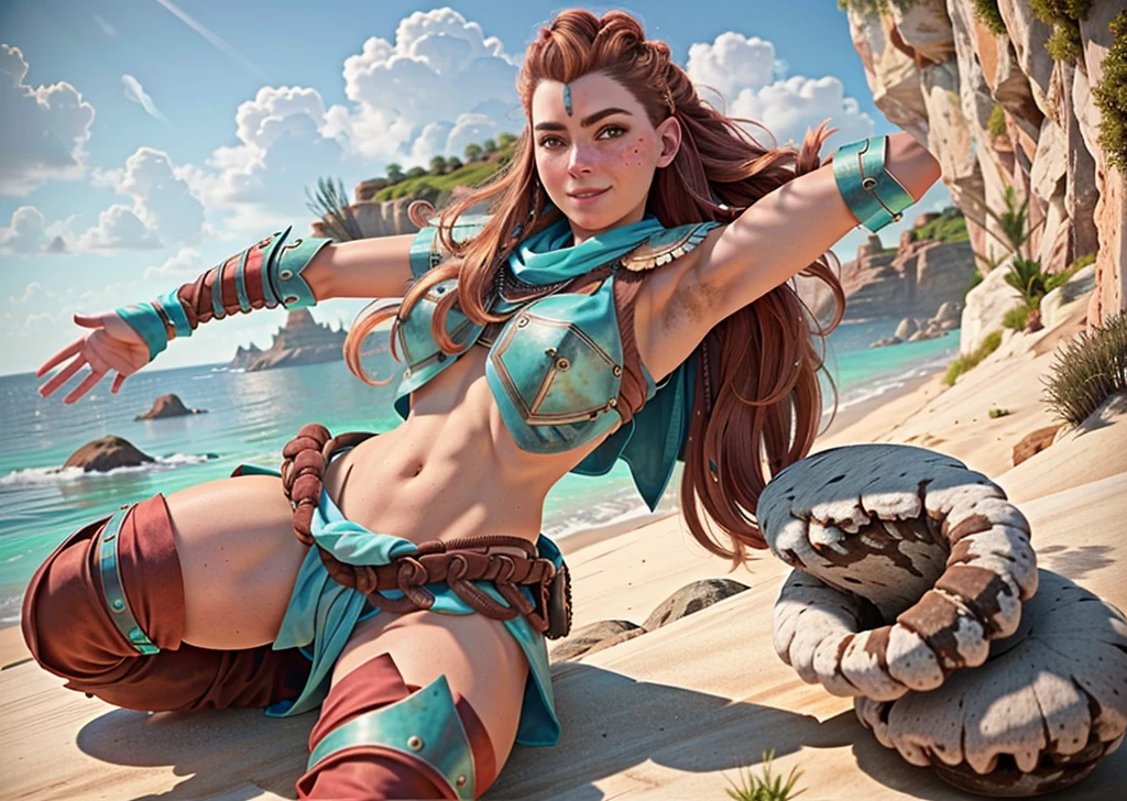 AloyHorizon, (((1solo, 1girl)) long hair, smile, red hair, hair ornament, navel, brown eyes, weapon, braid, parted lips, sky, day, midriff, red hair, armor, blue sky, tattoo, ocean, looking away, thick eyebrows, shoulder armor, freckles, showing armpits and pussy half naked. Shaved armpits, full body. 