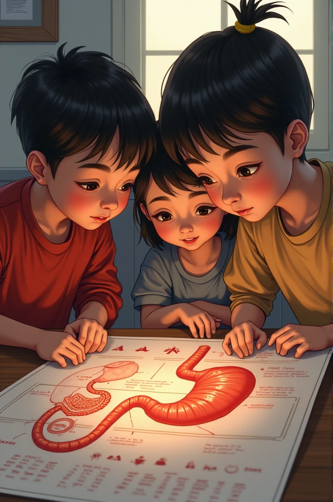 2 boys and a girl were looking at stomach map.