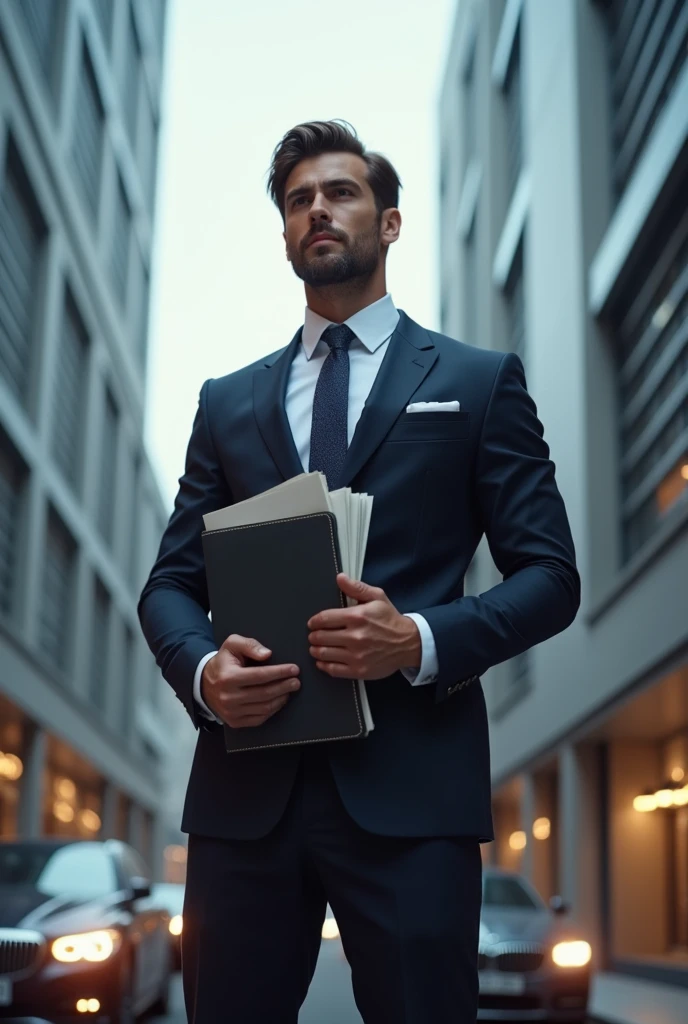 "Create an image of a determined real estate agent standing confidently in front of a luxury property, visualizing success. The agent is dressed professionally, holding a briefcase or a stack of documents, with a focused expression that reflects ambition and drive. In the background, include subtle elements like charts showing rising sales, luxury cars, and modern buildings, symbolizing the financial rewards he aims to achieve in the competitive real estate market."