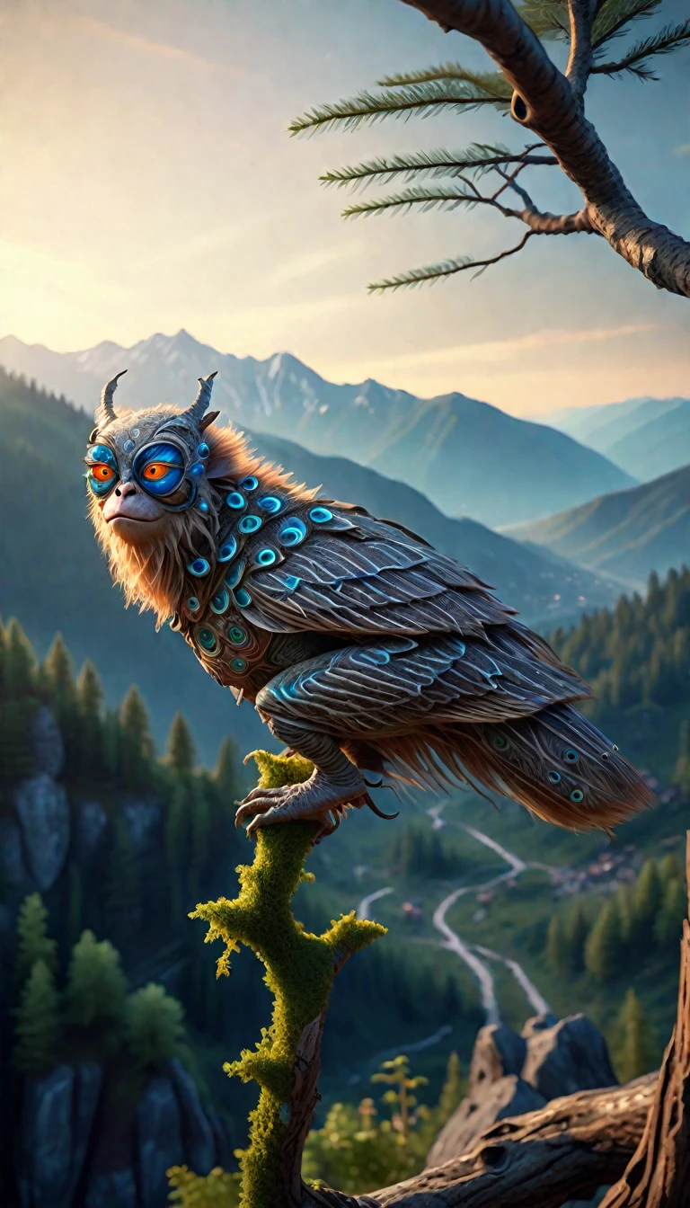 A four-eyed humanoid creature stands on a tree branch in the mountains.(best quality,4K,8k,High level,masterpiece:1.2),Ultra Detailed,(lifelike,Photo real,Photo real:1.37),Highly detailed animals,Complex patterns,Realistic lighting