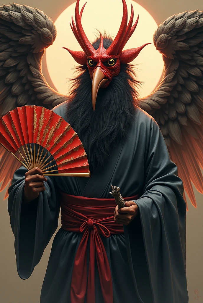 日本三大Apparition、Tengu、Apparition、the nose is long、Wearing a red mask、The hand holds a fan.、It has wings、Beauty、Sexy
