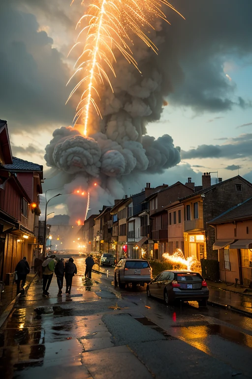 ((best quality)), ((masterpiece)), (detailed), perfect ,((Bombs rain down on the residential area)),Flying sparks,Flying pieces of wood,Collapsing houses,People on the Run