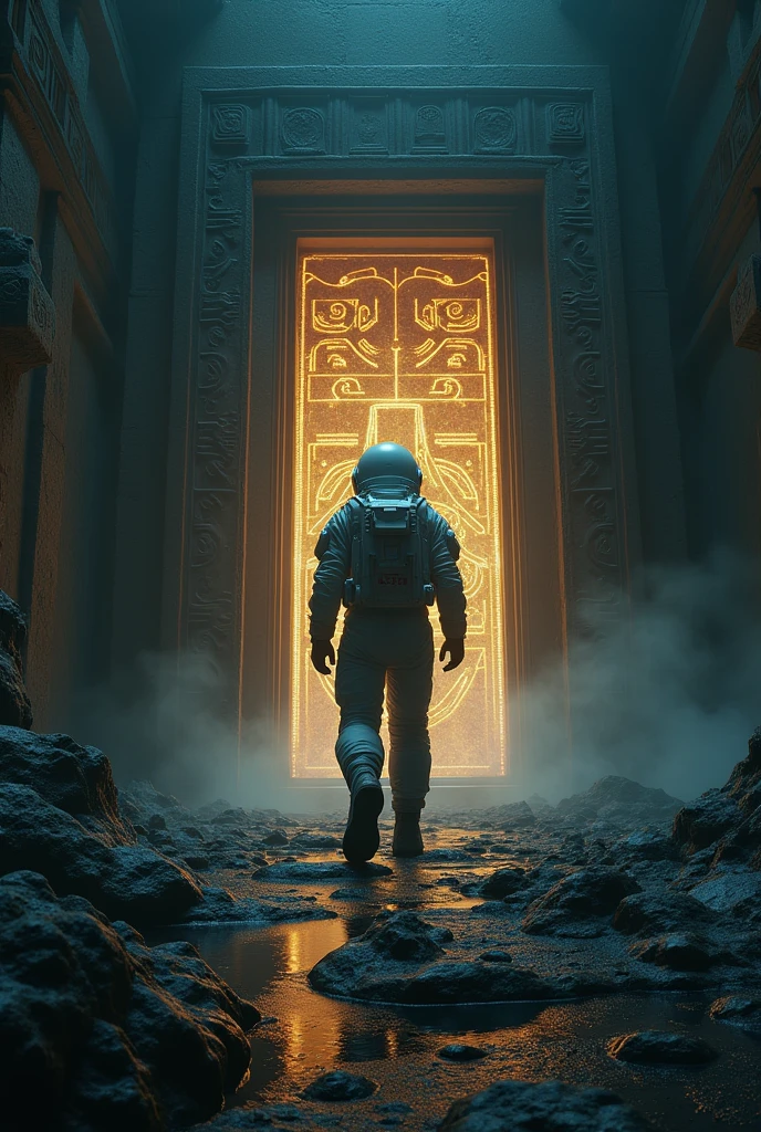 Astronauts are in a dark ancient building, with the astronaut facing forward, and behind the astronaut there is a large door with ancient symbols glowing, the door closed by itself behind him. The sound of mysterious footsteps grew closer, But Jono didn't realize it.