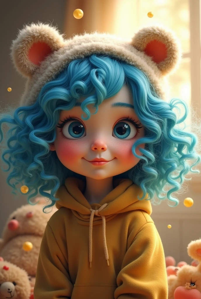 A with curly blue hair wearing a cute bear hat and big eyes.
