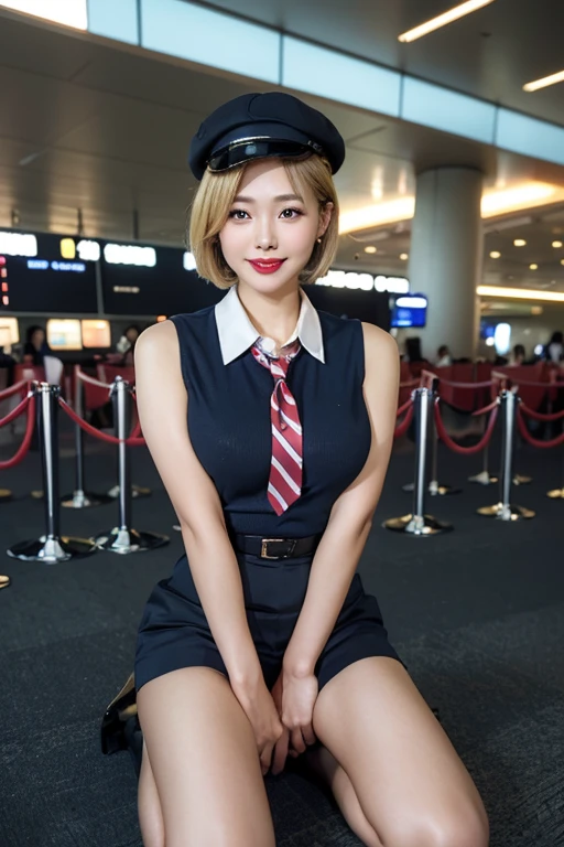 Highest quality，Ultra HD，(((whole body,With legs)))、(((The perfect uniform of a Japanese stewardess, Red striped tie, best-dressed uniform、Tekast, white formal short gloves,(黒のHigh heels), ((holding a mini microphone)),Japanese CA，jA small smile,白いTight blouse)))、((navy bowler hat 1.4)), White gloves, High heels、(Photorealistic:1.4)、(Surreal:1.4)、(Realistic:1.3)、 (Gentle lighting: 1.05)、32K、 One Woman、35-year-old woman、Photorealistic Lighting、Backlight、Facial Light、Ray Tracing、(bright:1.2)、(Improvement of quality:1.4)、 (Highest qualityのリアルテクスチャスキン)、Beautiful Eyes,delicate and elegant features, White blouse,Tight blouse,tight best-dressed uniform, (Enhance your body line:1.1),((Glowing Skin 1.4))、((blonde short bob 1.5)),Korean Idol、Idol Pose、A small smile,blush,Beautiful actress、A proper woman,whole body, (((Good sized breasts,Beautiful breasts))),(Perfect teeth alignment),narrow waist and hips,Beautiful long legs,Full Shot)、((8 heads))、(((Charm、Embarrassing))),(eye shadow),((Red cheeks、Red lips)),Very beautiful night view、At night,A small smile,(((Full Shot)))、(((airport terminal background 1.5))),