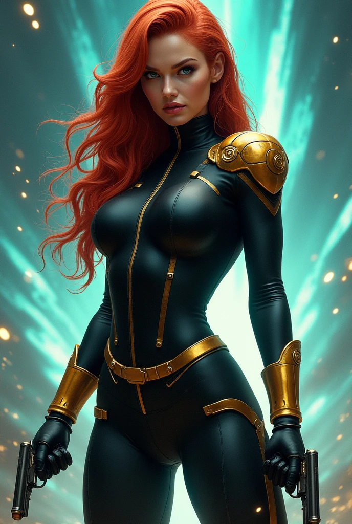 In this captivating image, the central female character (Penélope Cruz, beautiful face) exudes confidence and authority, her long straight red hair a vibrant contrast to the sleek black suit with gold accents, complete with gloves and boots that evoke a sense of uniformity. Her hands firmly grasp two pistols, their metallic surfaces and grips gleaming in the light as she surveys the dynamic background with a determined gaze. The explosion of colors behind her, featuring blues and greens, adds to the overall sense of energy and action, evoking the world of comic books or video games where she takes center stage as a powerful superhero, , retina, accurate, masterpiece, super detail, high details, best quality, award winning, highres, HD, 4K, 8k, 16k, retina, accurate, masterpiece, anatomically correct, textured skin, super detail, high quality, award winning, highres, 8k, 16k