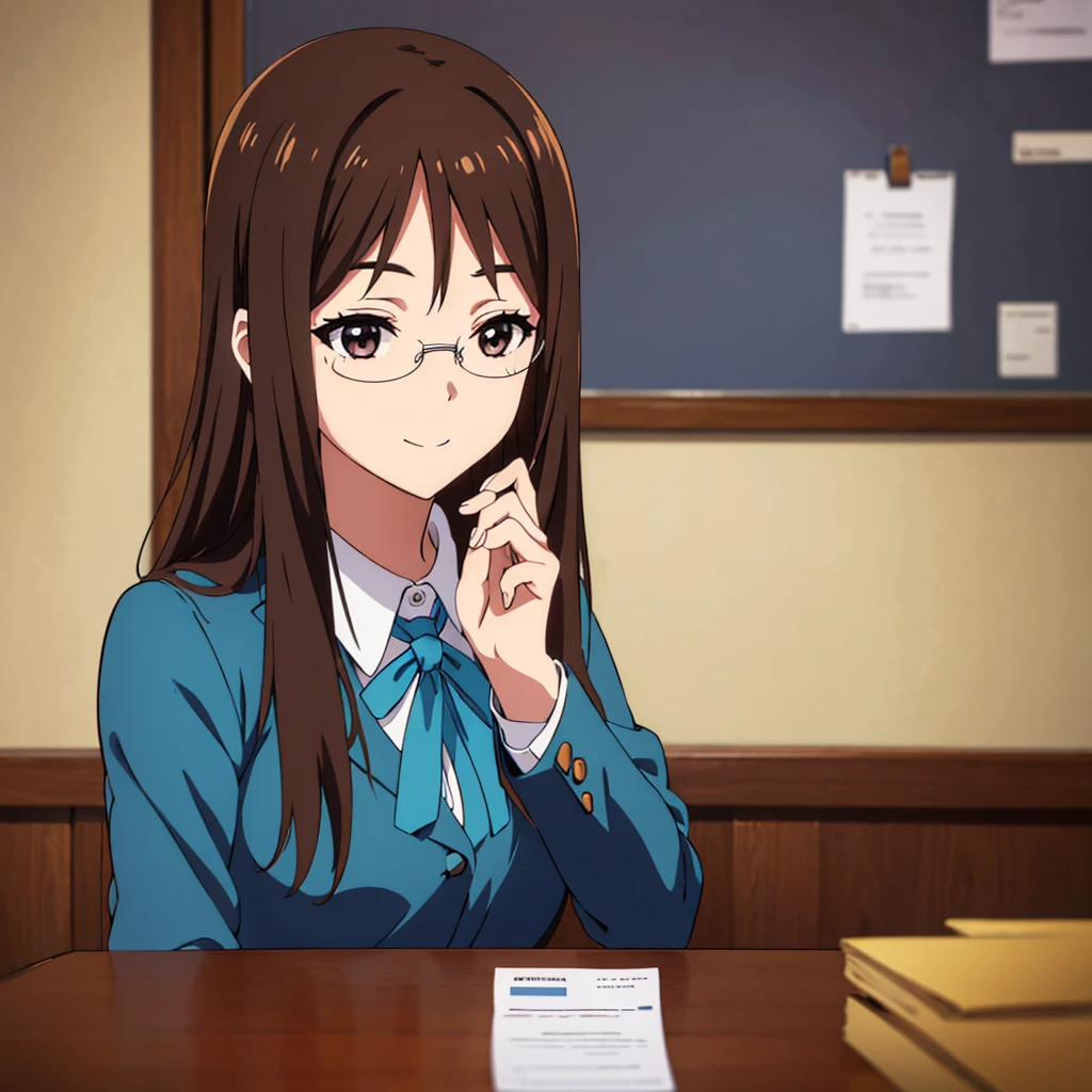 (Fraction_9, Fraction_8_direction_7_superior), detailed, Realistic professional female appearance，Are standing，Half-body photo，Long Hair，kind, Glasses, teacher，In the classroom，High resolution，Clear character silhouette，Sharp detail on the face，smile