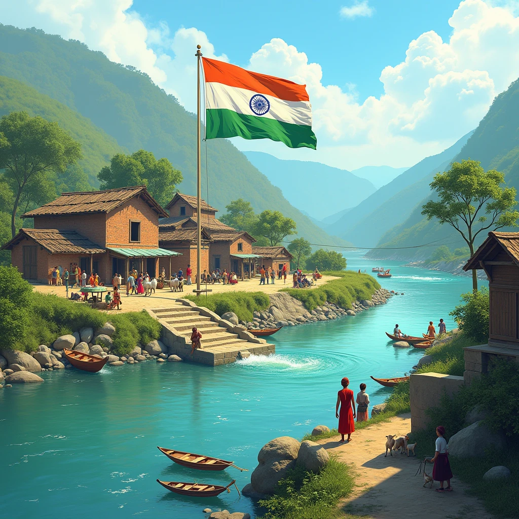 Make an indian village on loc with an indian flag on it. Make an indian village on loc with an indian flag on it and in front having a huge river