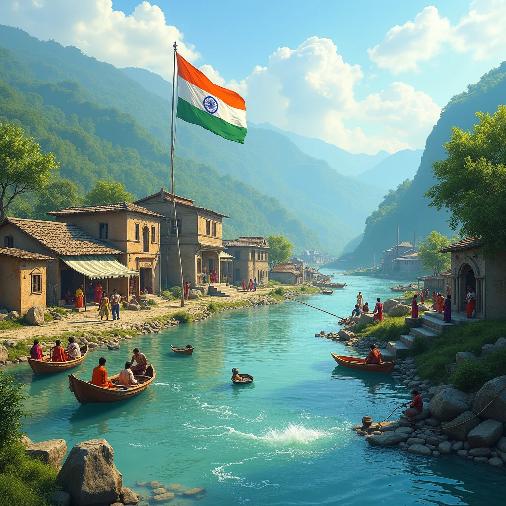 Make an indian village on loc with an indian flag on it. Make an indian village on loc with an indian flag on it and in front having a huge river