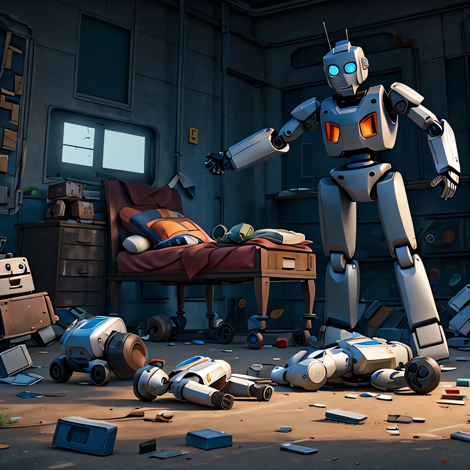 Many broken robots are lying down and discarded.