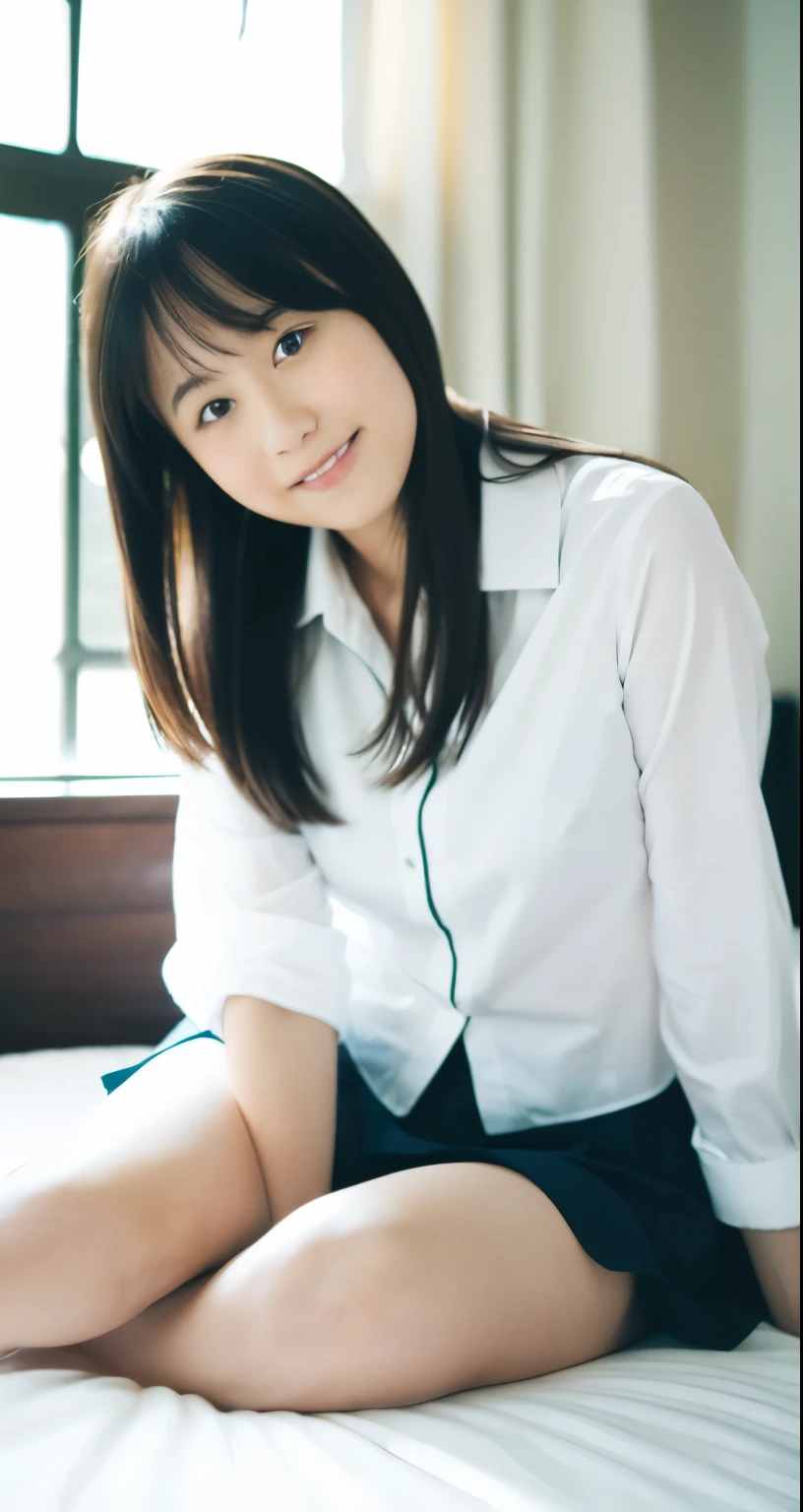 there is a woman sitting on a bed with a white shirt, chiho ashima, chiho, pretty face with arms and legs, sophisticated gravure idol, deayami kojima, young pretty gravure idol, sitting on the bed, kimi takemura, shiori teshirogi, sitting on a bed, young gravure idol