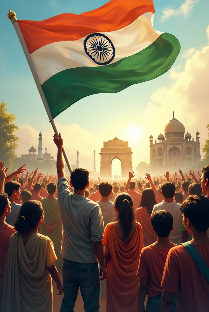 imagine Create an artwork that captures the essence of gratitude for freedom on Independence Day. Imagine a scene where diverse individuals from different walks of life are united under the india flag, symbolizing the hard-earned liberty. The artwork should convey the emotions of gratitude, hope, and pride, with elements that reflect the journey of freedom, such as historical landmarks, symbols of peace, and the vibrant colors of the national flag. The setting could range from a peaceful countryside to a bustling city, but the focus should remain on the expressions and gestures of the people, embodying their appreciation for the freedom they cherish.