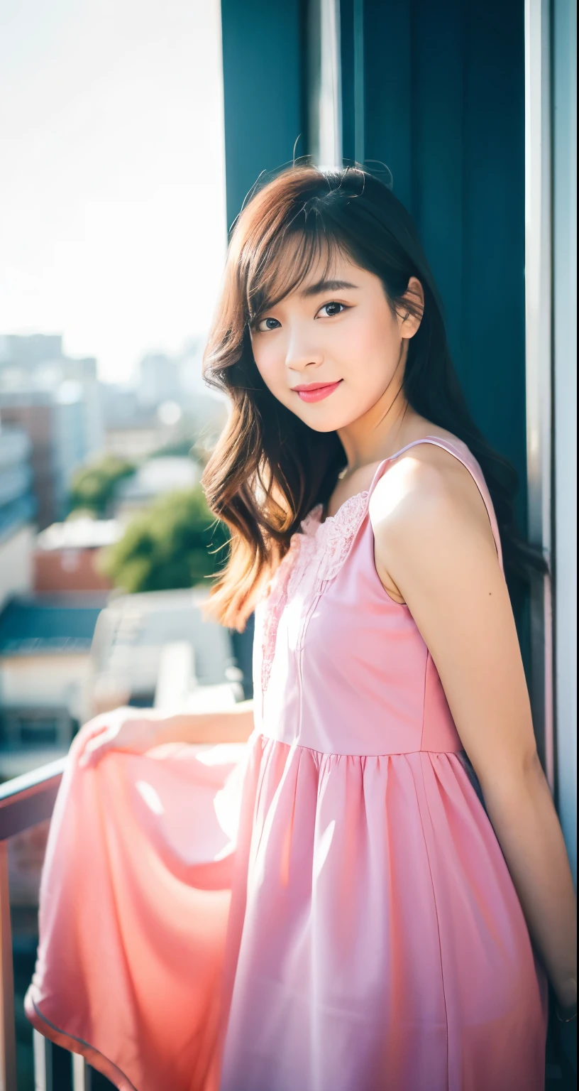 there is a woman standing on a balcony with a pink dress, shot with canon eoa 6 d mark ii, taken with canon eos 5 d mark iv, 50mm portrait, 7 0 mm portrait, shot in canon 50mm f/1.2, 60mm portrait, 8k 50mm iso 10, photo taken with sony a7r