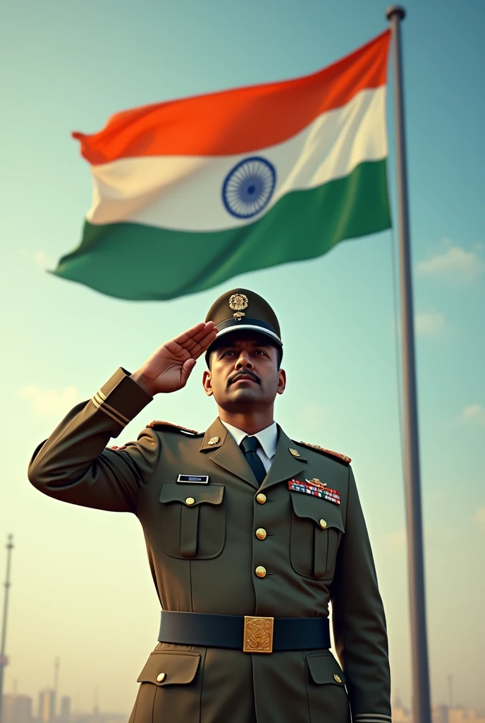 Indian soldier saluting indian flag