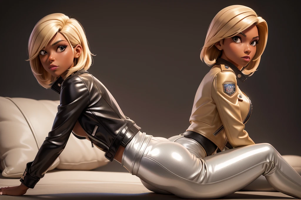 obra prima, melhor qualidade, ((only one woman,)) ((angie dickinson, dark tan skin, blonde bob hair,)) erect cone tits, ((wearing shiny gold leather biker moto jacket,)) ((jacket has padded shoulders, jacket has stiff high collar,)) (((wearing shiny silver leather pants,))) body is very skinny, ((laying down, resting on one hip,)) ((camera back of body view,)) shallow depth of field, highres, HD, 8k, anatomically correct