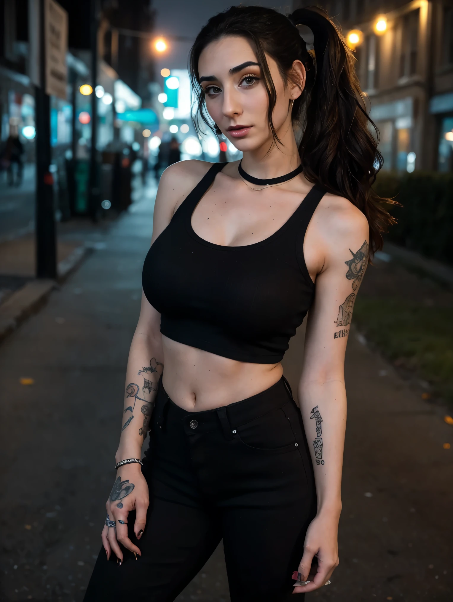 Extremely busty thin and toned brunette death metal girl, strung out, sleepy, stoned, fair skin, big hair, huge ponytail, hair pulled back, soft face, athletic, heavy makeup, piercings, t-shirt, tee shirt, studs, black pants, boots, fingerless gloves. black butterfly tattoos. standing in a dark alley at night. Outdoors, exterior, Nighttime. neon lights. (detailed background.) Grim. sly, bitter, evil, mean, angry.