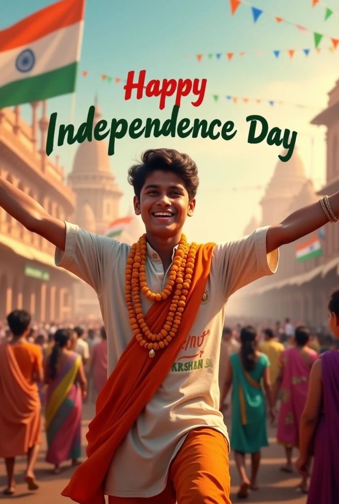 A real 20-year-old boy joyfully celebrates Indian Independence Day. He is wearing traditional Indian outfits with the name "Krishna written on his attire. Above him, in the sky, the words "Happy Independence Day" are displayed in a bold font. The backdrop is filled with people celebrating, enhancing the festive and patriotic spirit of the day.