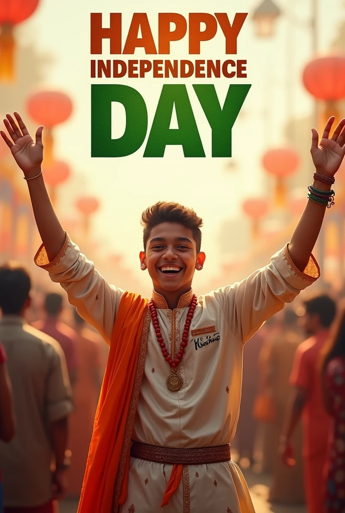 A real 20-year-old boy joyfully celebrates Indian Independence Day. He is wearing traditional Indian outfits with the name "Krishna written on his attire. Above him, in the sky, the words "Happy Independence Day" are displayed in a bold font. The backdrop is filled with people celebrating, enhancing the festive and patriotic spirit of the day.