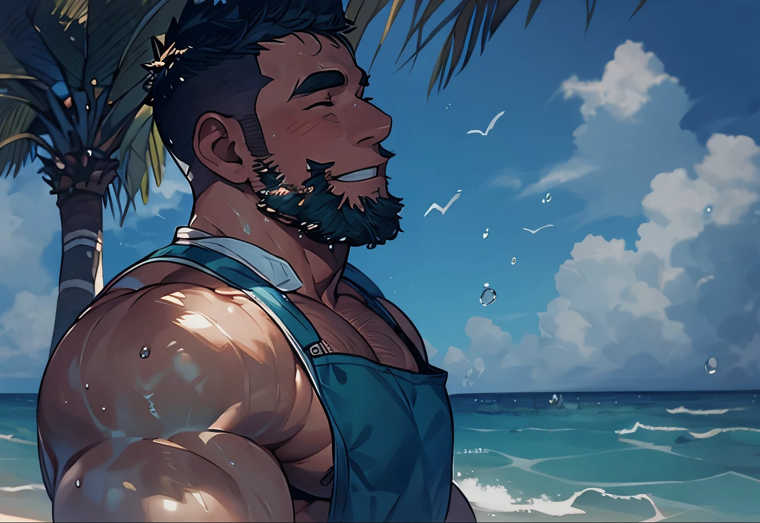 night、chest hair,(Profile:1.2)、Muscle Man、(Wearing an apron:1.2)、(Sea surface:1.2),plant、(Beard:1.5),Thick eyebrows、(Exposed pectoral muscles:1.4), [(Muscle Man:1.2)|Muscle intestine], ([Lots of|:1.2)Solid], short hair、short hair、(Maximum chest),Popular on Instagram、(close up:1.1)、blush、A handsome、beard,Smile smile、Close your eyes