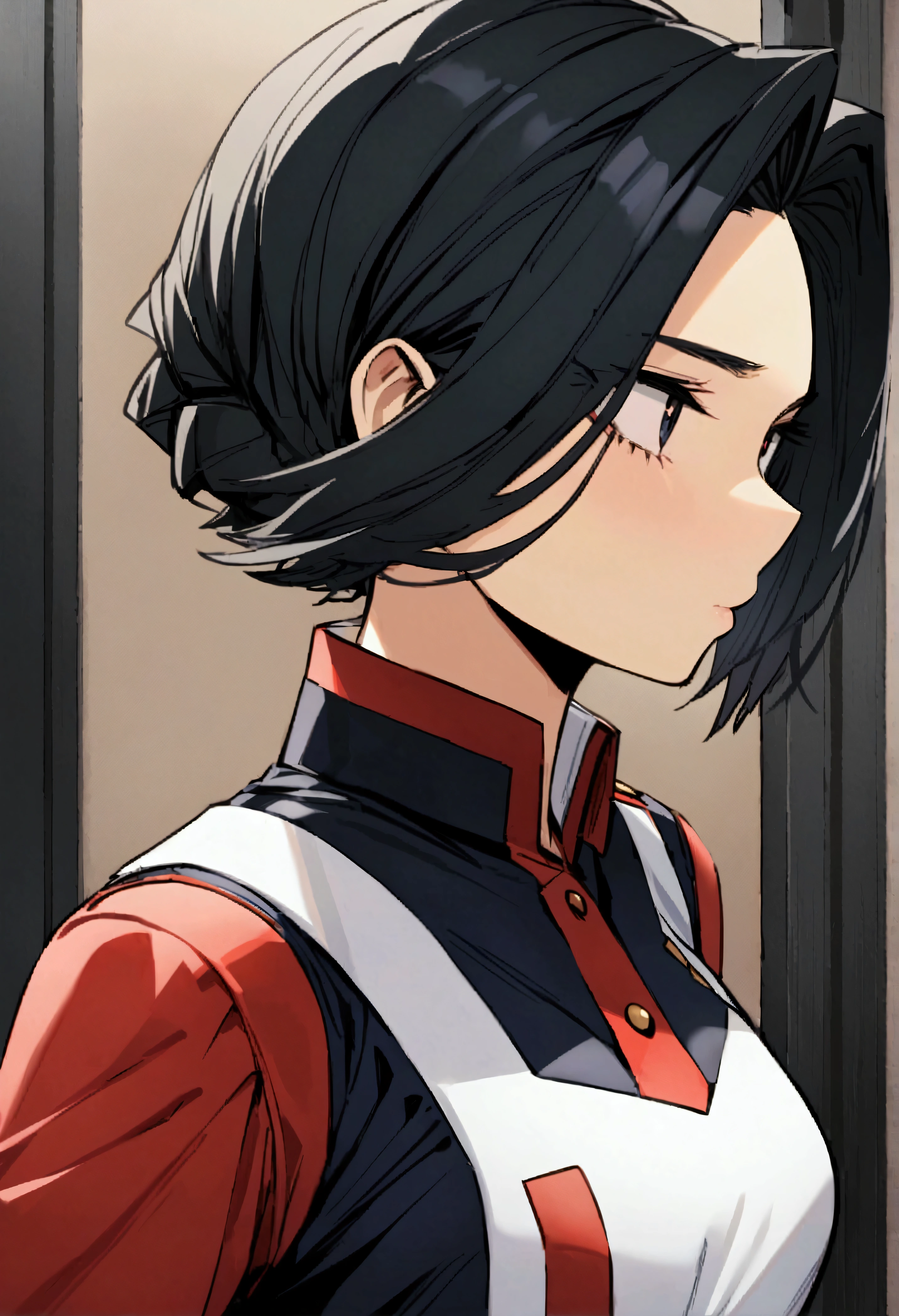 A woman from My Hero Academia with black hair and white streaks in the front has a wolf cut hairstyle and is wearing the UA uniform.