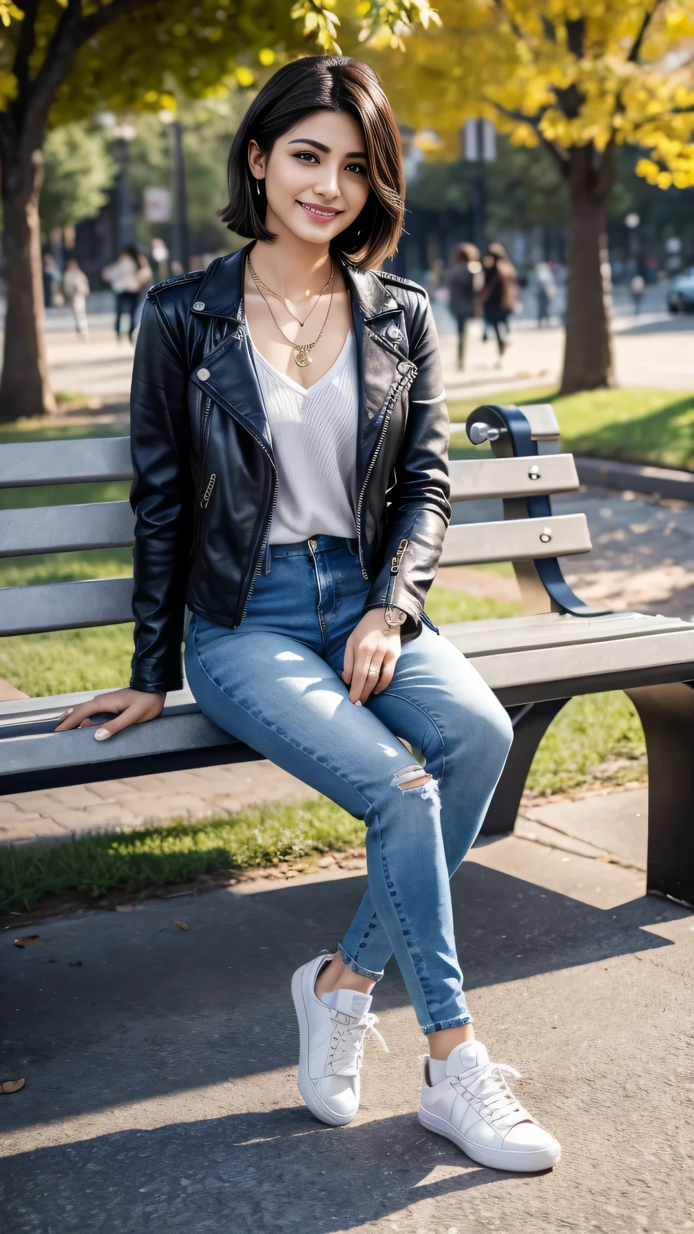 Super Resolution、Beautiful Iranian women、Full body photo、sitting on a park bench、Short Haircut、、ear piercing、necklace、leather jacket、shirt、Skinny jeans、sneakers、socks、、smile、Beautiful teeth alignment