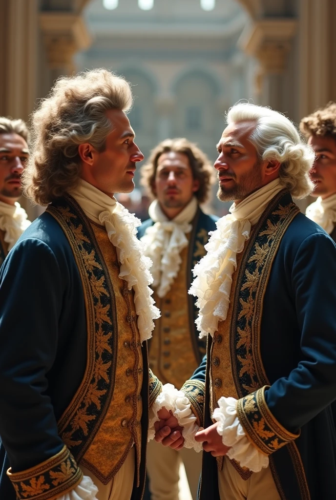 men amazed by normal clothing of the 18th century