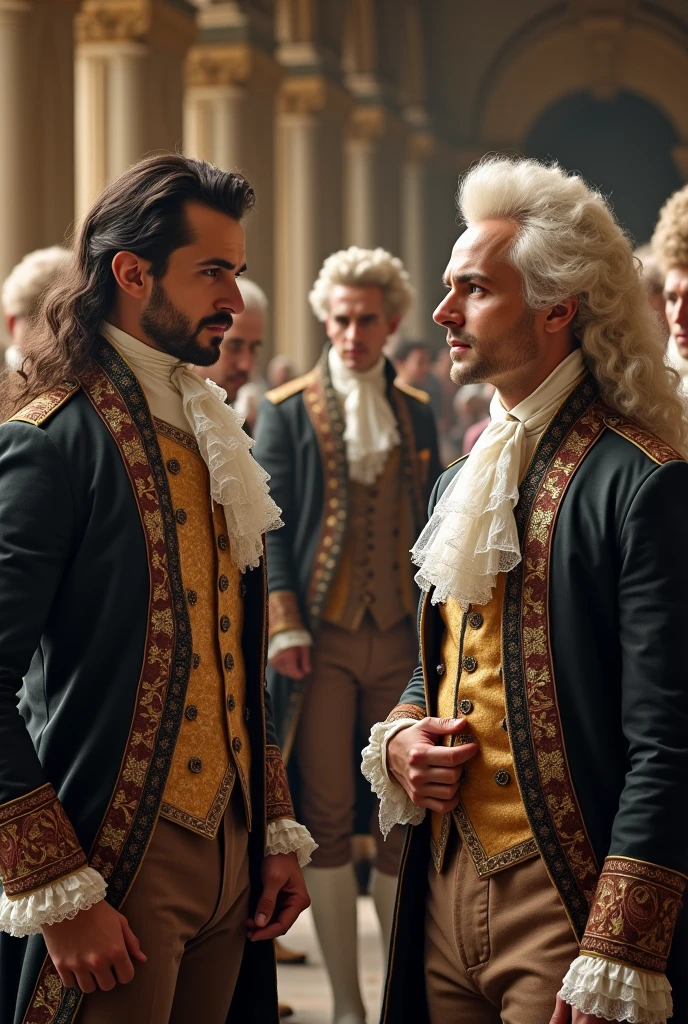 men amazed by normal clothing of the 18th century