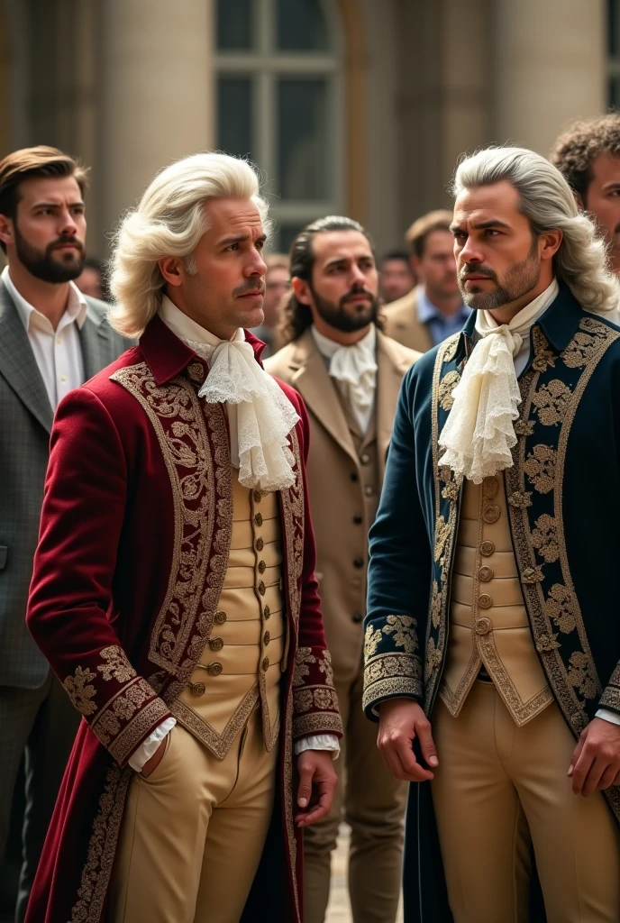 men amazed by normal clothing of the 18th century