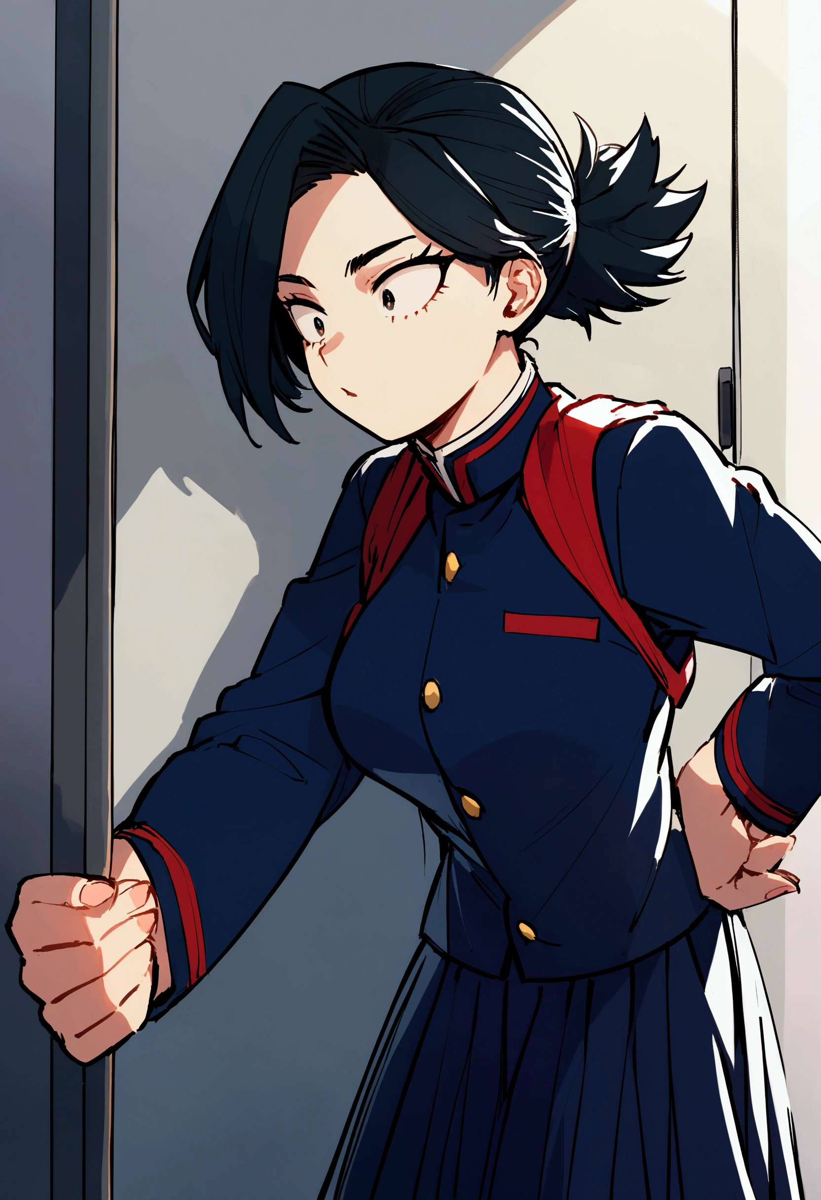 A woman from My Hero Academia with black hair and white streaks in the front has a wolf cut hairstyle and is wearing the UA uniform.