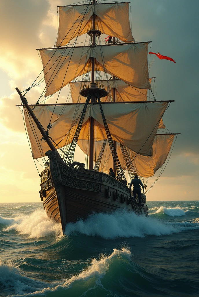 Generate an image of the Pirates of the Caribbean, that they are on a boat and that on its sail, say "I love you Cin", and on another candle have the letters "C Y C",  and that on the tip of the ship is the main character of the movie "Pirates of the Caribbean"