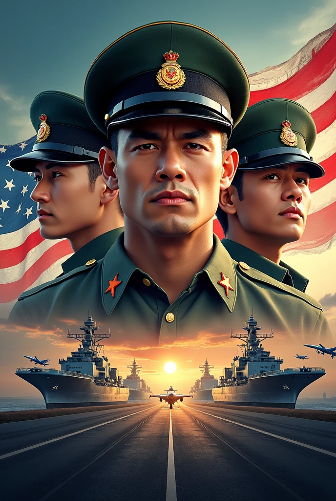 poster,Close-up shots of soldiers from the three armed forces,Background featuring military equipment from the sea, land, and air,主题是我爱国防的主题poster
