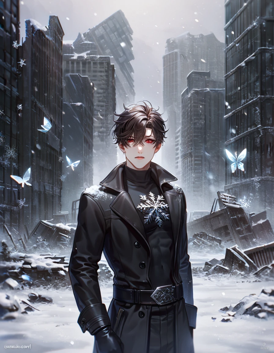 absurdres, highres, ultra detailed, HDR, master piece, best quality, extremely detailed face, delicated features, Jiu Qin, dark brown hair that parts just above his left eye, messy hair, expressive red eyes, Quanqiu Gaokao, solo, sexy man, handsome, sensual, adult, black trench coat, black tight turtleneck shirt, black gloves, belts on the chest, toned body, destroyed city, ruins, post apocalyptic scenery, snow, snowflakes, ice butterflies, snowing