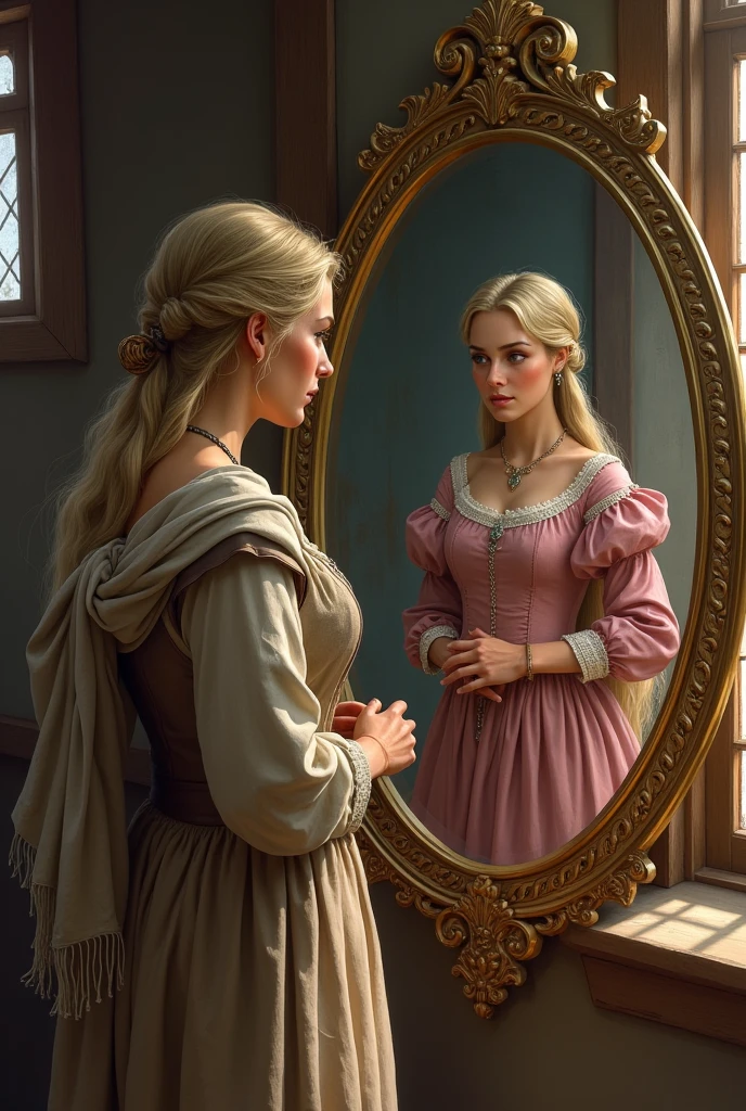 Create a of from the medieval era dress like a peasant looking at themself in the mirror, Reflecting her image in the mirror, a blonde princess wears a pink dress...