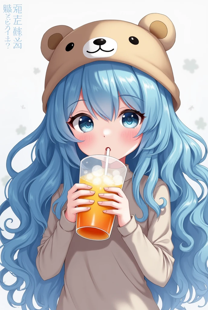 A girl with curly, long blue hair, wearing a cute bear hat with big eyes, is sipping something.