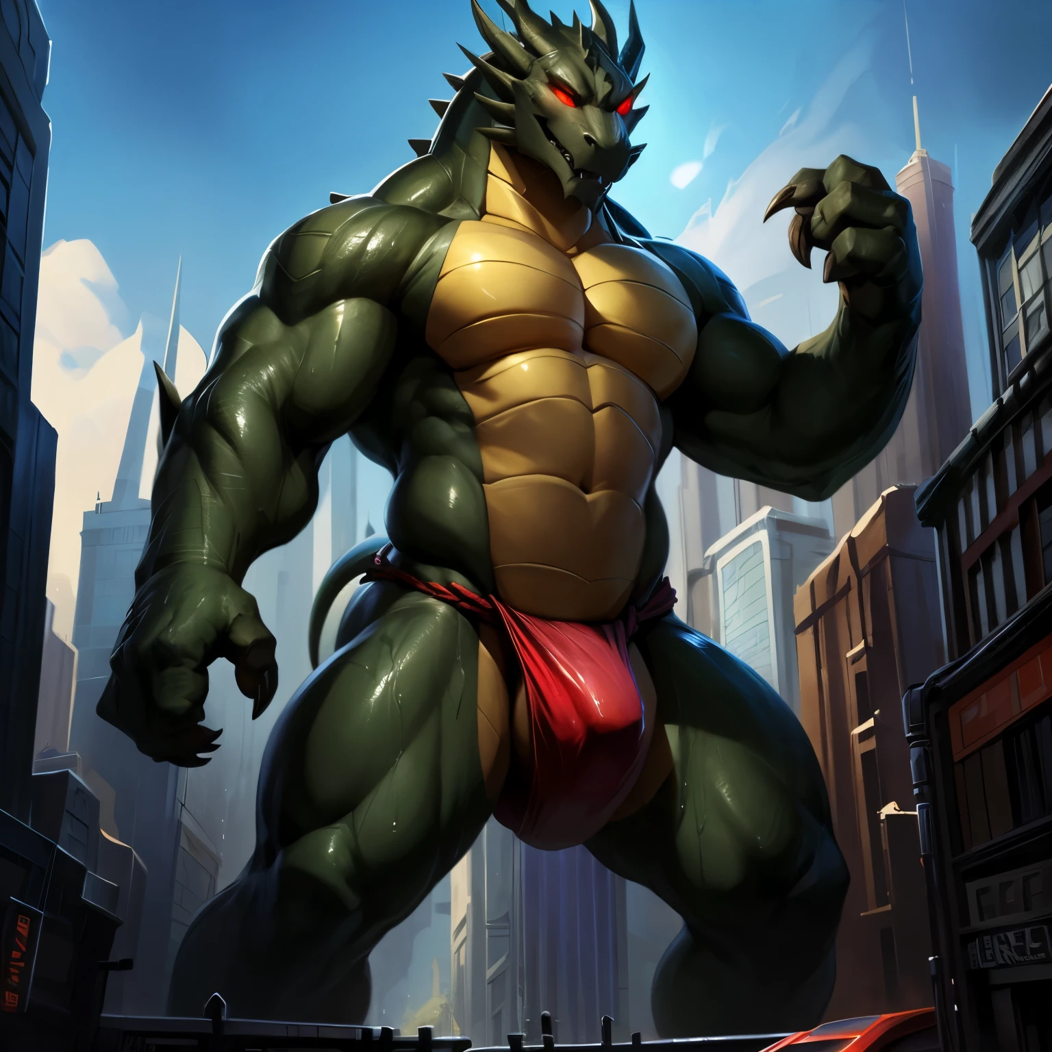 Shendu, Male, Dark Green Body Color, Glowing Red Eyes, Wearing Fundoshi, Wet Body, Wet Fundoshi, Wet Bulge, Tail, Scales, Furless, Claws, Hands on Waist, Standing, Grinning, Dragon Teeth, (by null-ghost, by darkgem), macro in city
