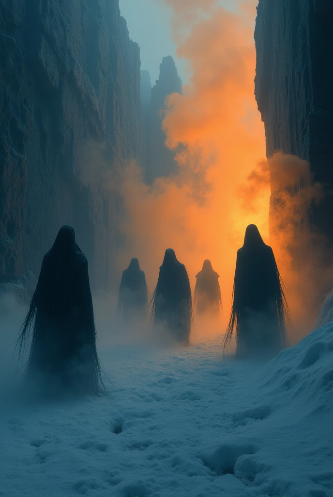 silhouettes of mysterious beings walls in dark blue tones orange smoke looking like a ghost from the past haunting the icy landscape